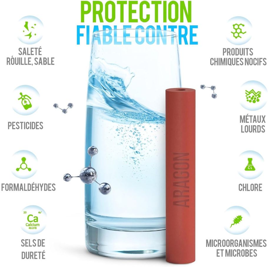 ARAGON élimine les substances suivantes de l'eau :       Aluminium 90%     Plomb 99%     Cuivre 97%                                                                                                     Césium-137 99,7%     Cadmium 90%      Fer 95%     Chlore 100%      Bactéries 99,9%     Pesticides 98%     Produits pétrochimiques 88%      Uranium 99,4%     Bisphénol 99%